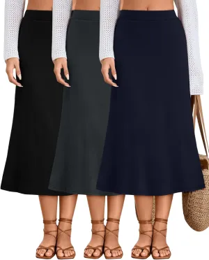 Huukeay 3 Pack Women's Midi Skirts with Pockets A Line Flared Stretchy High Waist Below Knee Skirt Dressy Summer Casual