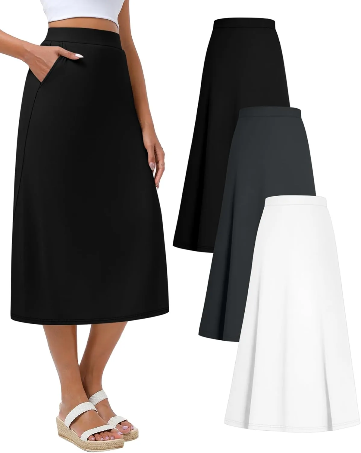 Huukeay 3 Pack Women's Midi Skirts with Pockets A Line Flared Stretchy High Waist Below Knee Skirt Dressy Summer Casual