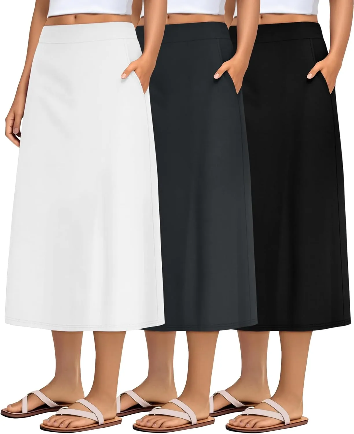 Huukeay 3 Pack Women's Midi Skirts with Pockets A Line Flared Stretchy High Waist Below Knee Skirt Dressy Summer Casual