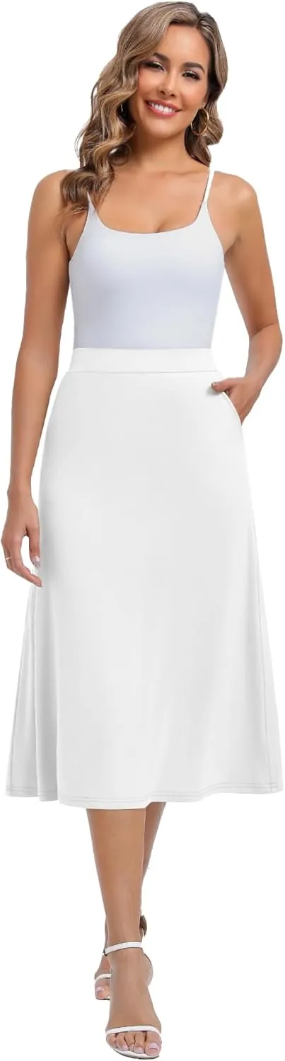 Huukeay 3 Pack Women's Midi Skirts with Pockets A Line Flared Stretchy High Waist Below Knee Skirt Dressy Summer Casual