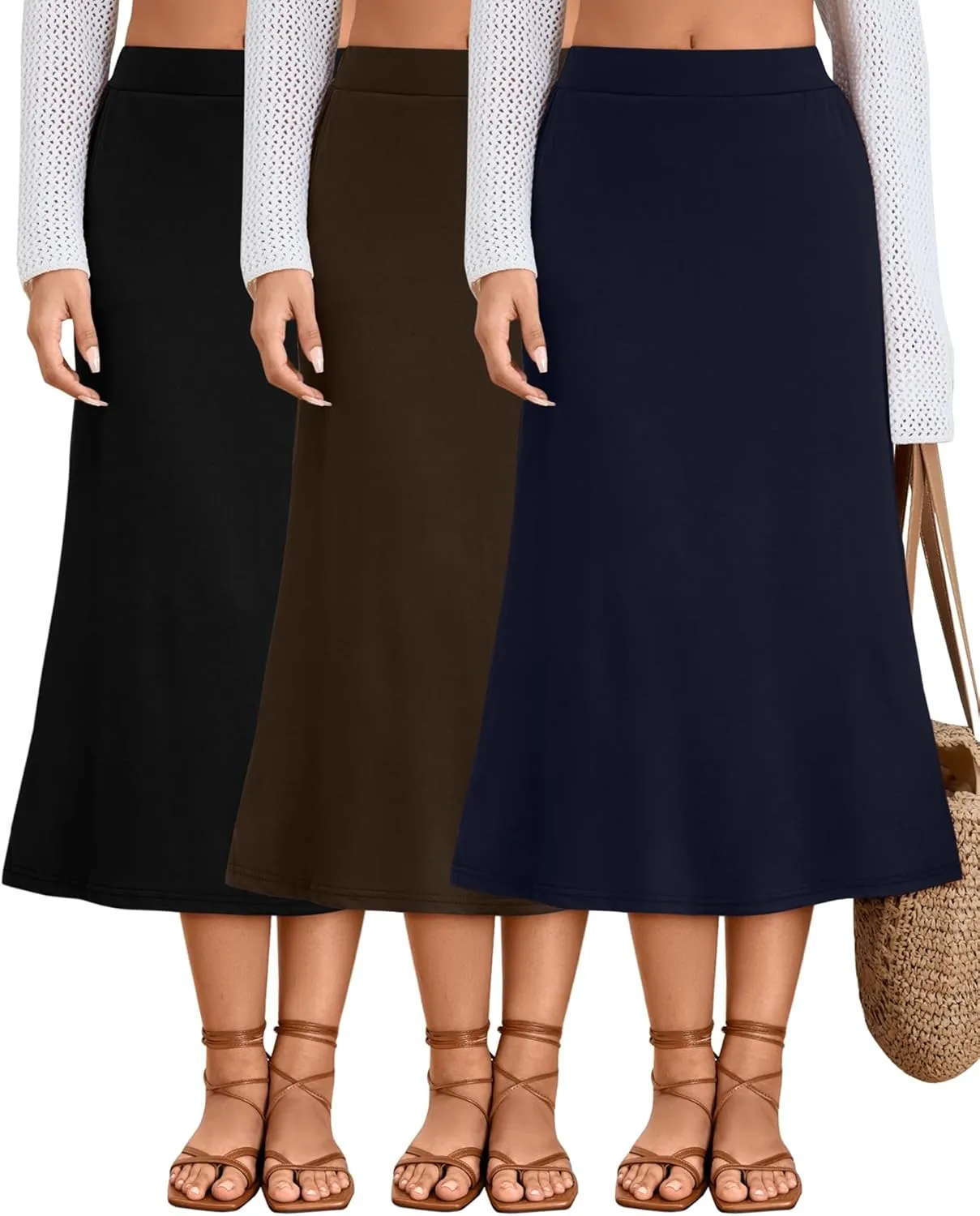 Huukeay 3 Pack Women's Midi Skirts with Pockets A Line Flared Stretchy High Waist Below Knee Skirt Dressy Summer Casual