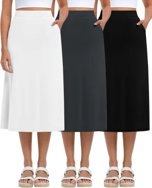 Huukeay 3 Pack Women's Midi Skirts with Pockets A Line Flared Stretchy High Waist Below Knee Skirt Dressy Summer Casual