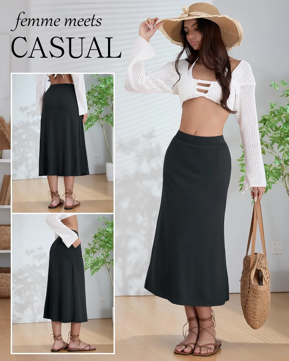 Huukeay 3 Pack Women's Midi Skirts with Pockets A Line Flared Stretchy High Waist Below Knee Skirt Dressy Summer Casual