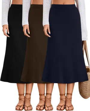Huukeay 3 Pack Women's Midi Skirts with Pockets A Line Flared Stretchy High Waist Below Knee Skirt Dressy Summer Casual