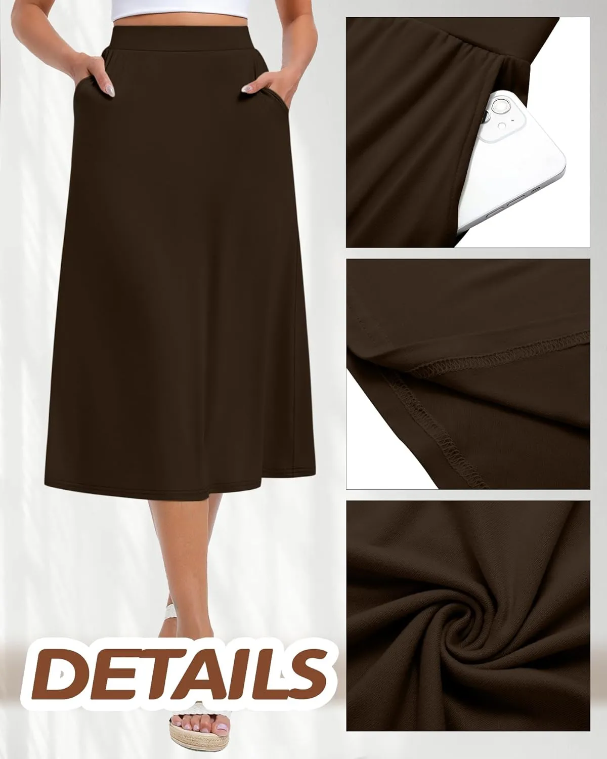Huukeay 3 Pack Women's Midi Skirts with Pockets A Line Flared Stretchy High Waist Below Knee Skirt Dressy Summer Casual