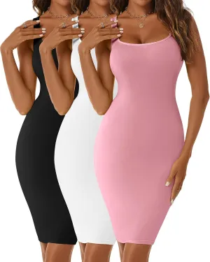 Huukeay 3 Pcs Women's Square Neck Bodycon Dress, Casual Sleeveless Tank Top Basic High Stretchy Mini Party Dresses