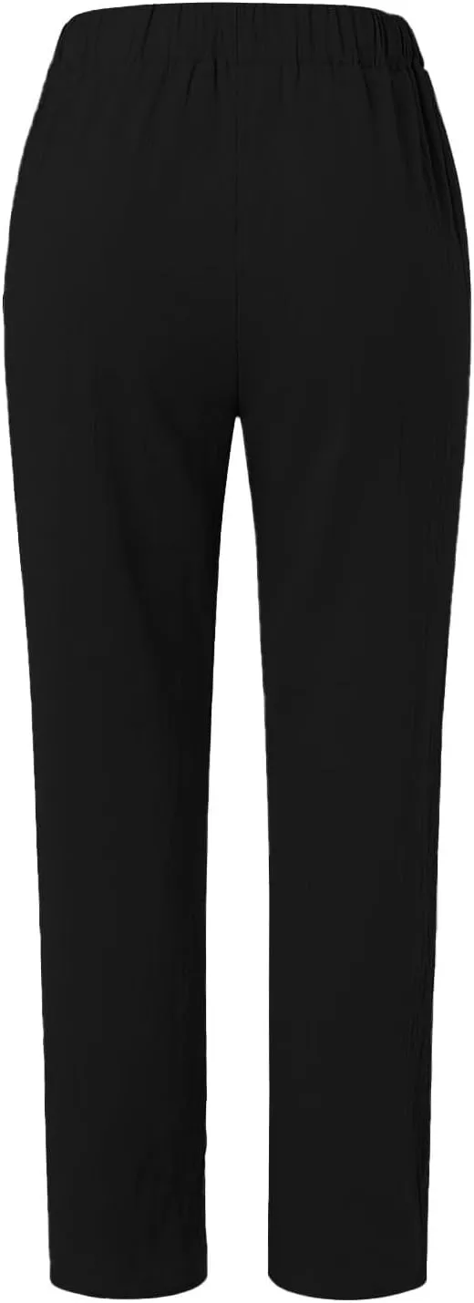 HXHYQKP Summer Pants for Women Casual Pants Stripe Print Side Button Trendy Pants Elastic Waist Straight Leg Trousers