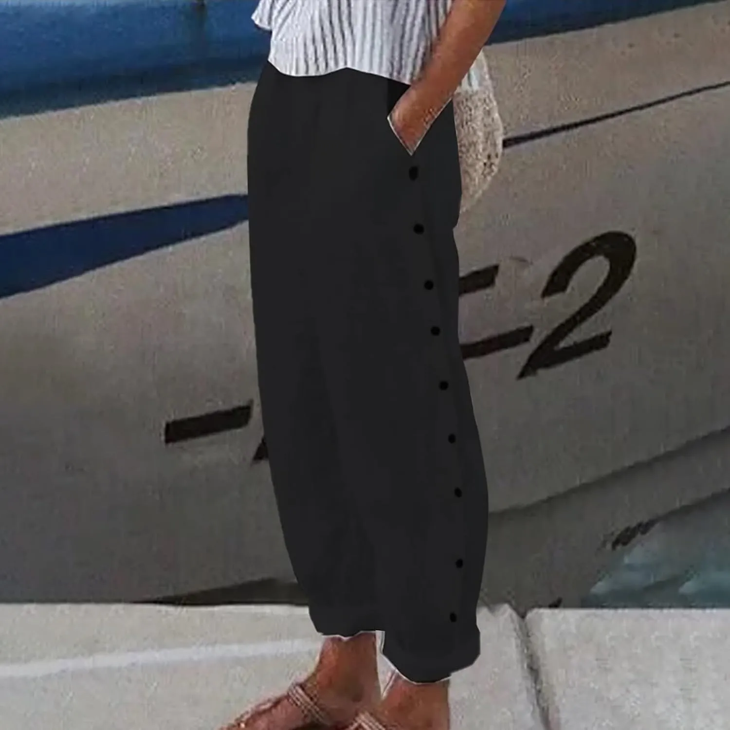 HXHYQKP Summer Pants for Women Casual Pants Stripe Print Side Button Trendy Pants Elastic Waist Straight Leg Trousers
