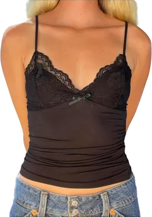 ICNGLKSND Women's Floral Lace Tank Top Bow Mesh V Neck Slim Fitted Spaghetti Strap Sleeveless Camisole Tops