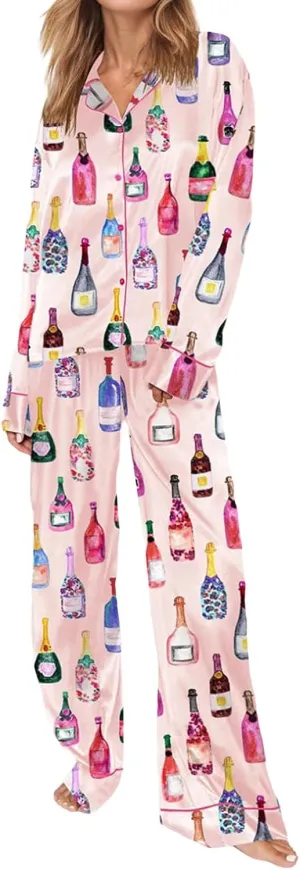 IMISSILLEB Women Champagne Bottle Pajamas Long Sleeve Wine Glasses Button Down Shirt Pants Set Satin Silk Loungewear