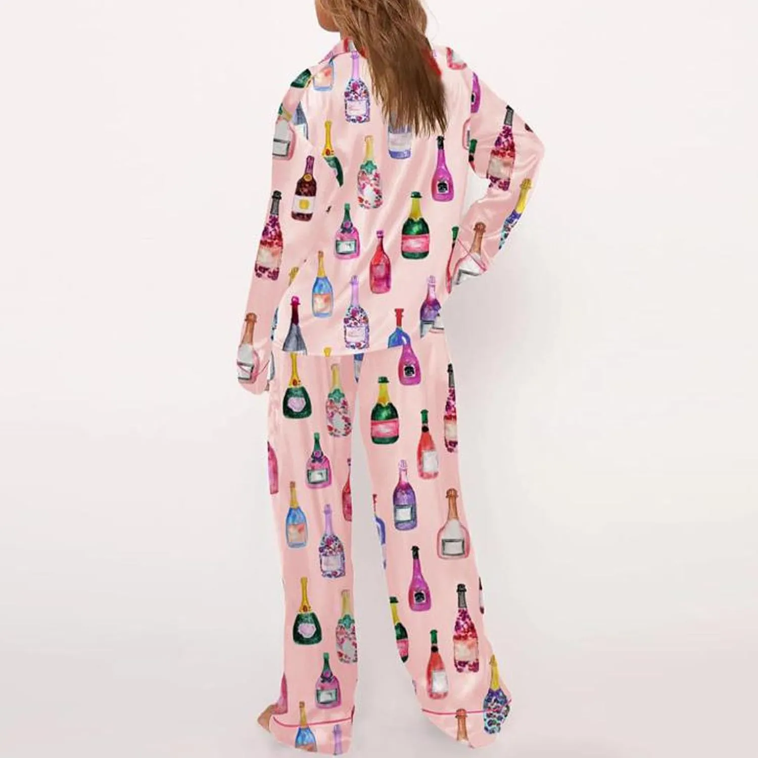 IMISSILLEB Women Champagne Bottle Pajamas Long Sleeve Wine Glasses Button Down Shirt Pants Set Satin Silk Loungewear