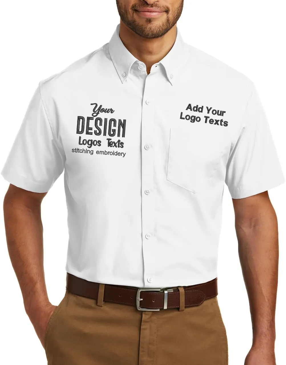 INK STITCH Men W101 Custom Embroidery Logo Texts Care Free Poplin Short Sleeve Shirts