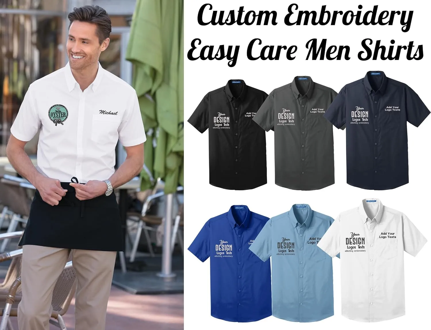 INK STITCH Men W101 Custom Embroidery Logo Texts Care Free Poplin Short Sleeve Shirts