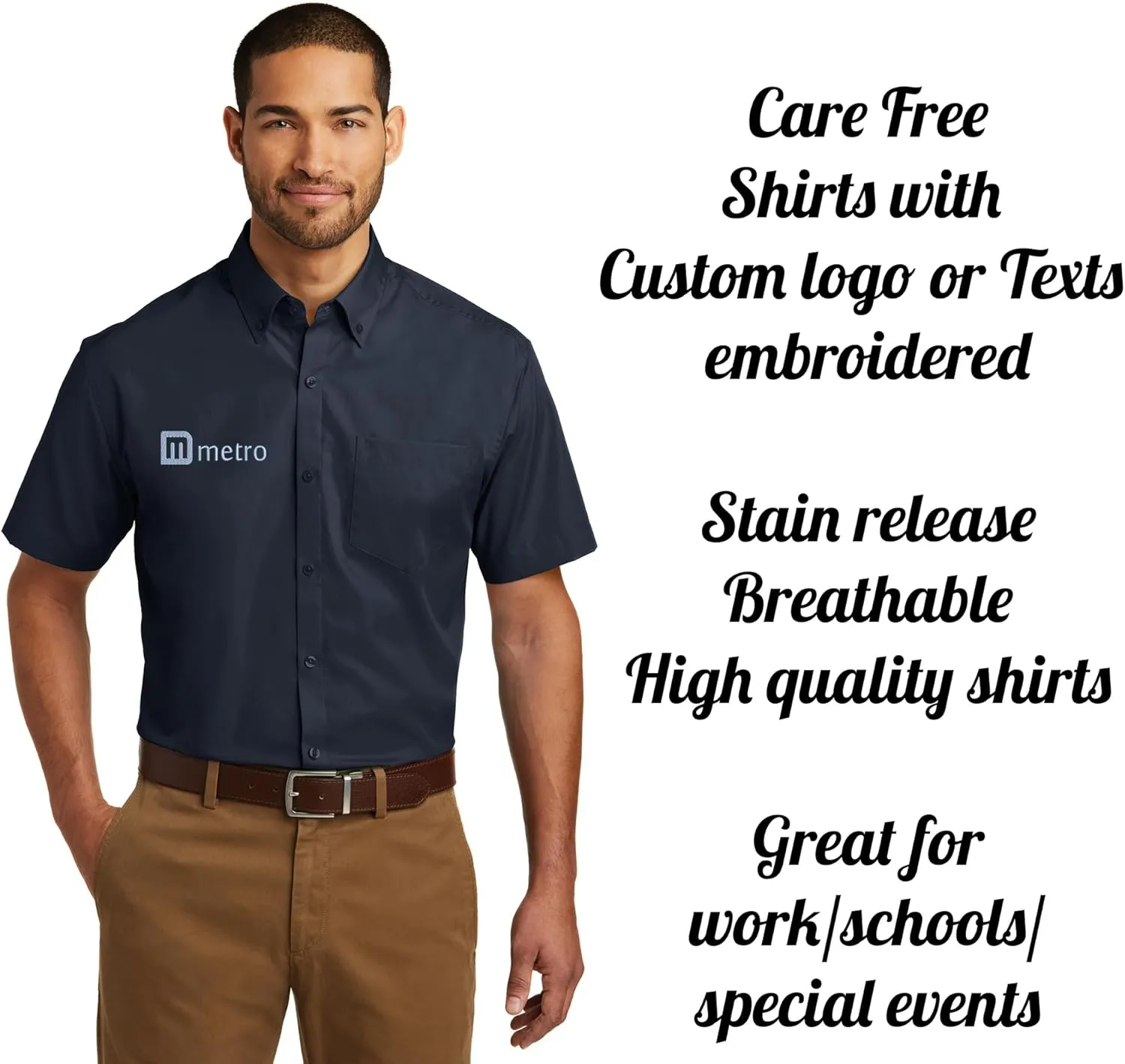 INK STITCH Men W101 Custom Embroidery Logo Texts Care Free Poplin Short Sleeve Shirts