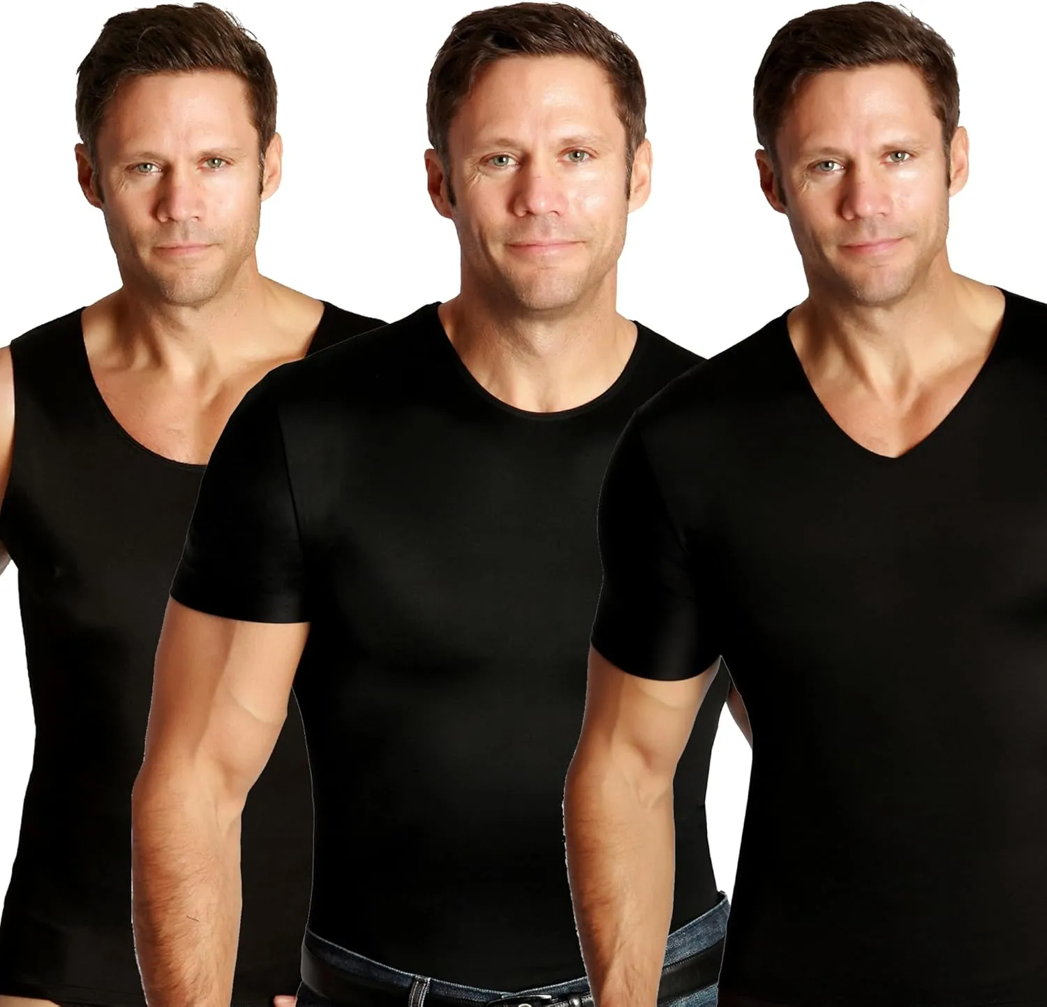 Insta Slim  Made in USA  Compression Shirts for Men Variety Pack (Tank-Top, Crew-Neck, V-Neck)