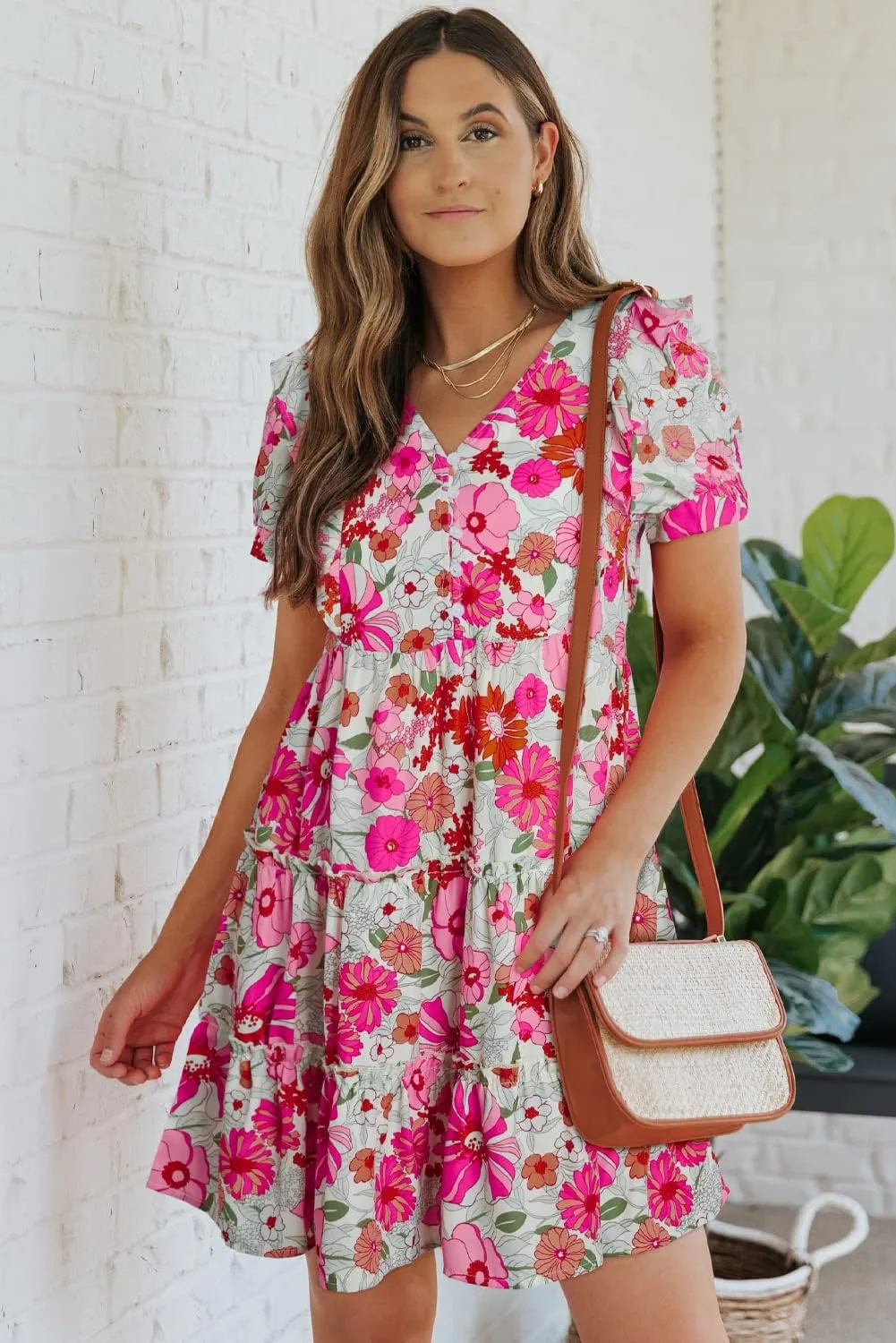 Irsutey Women Casual Summer Sundress Boho Short Sleeve V Neck Dress Ruffle Beach Floral Print Fashion Party Mini Swing Dress