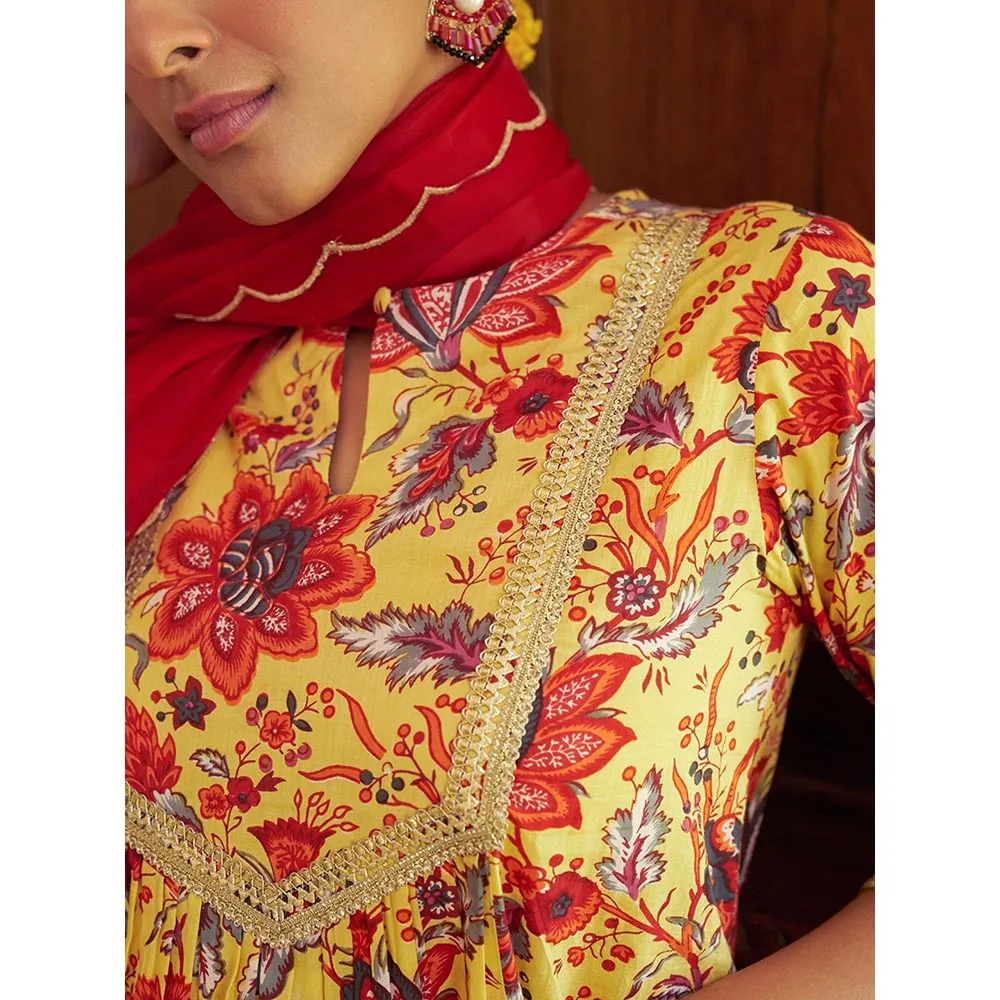 Janasya Womens Yellow Cotton Floral Printed Kurta, Palazzo and Dupatta (Set of 3)