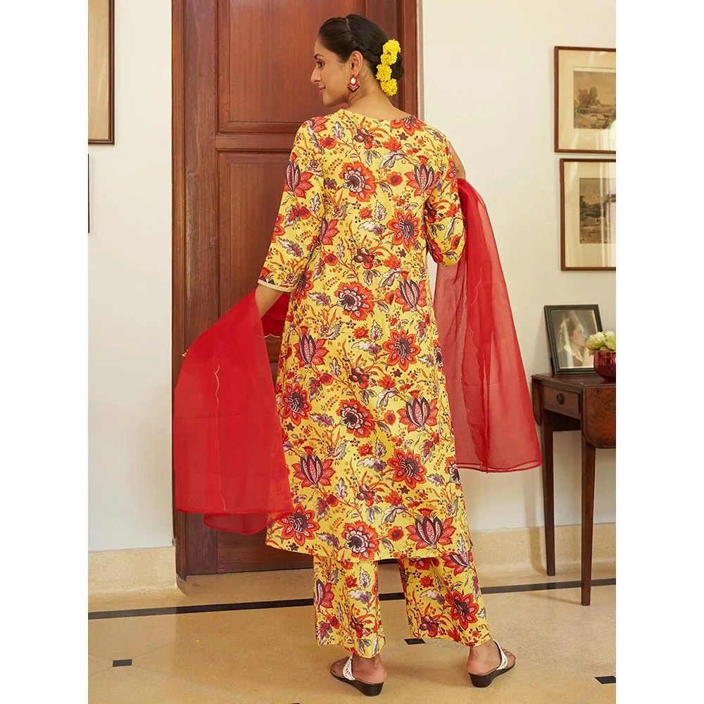 Janasya Womens Yellow Cotton Floral Printed Kurta, Palazzo and Dupatta (Set of 3)