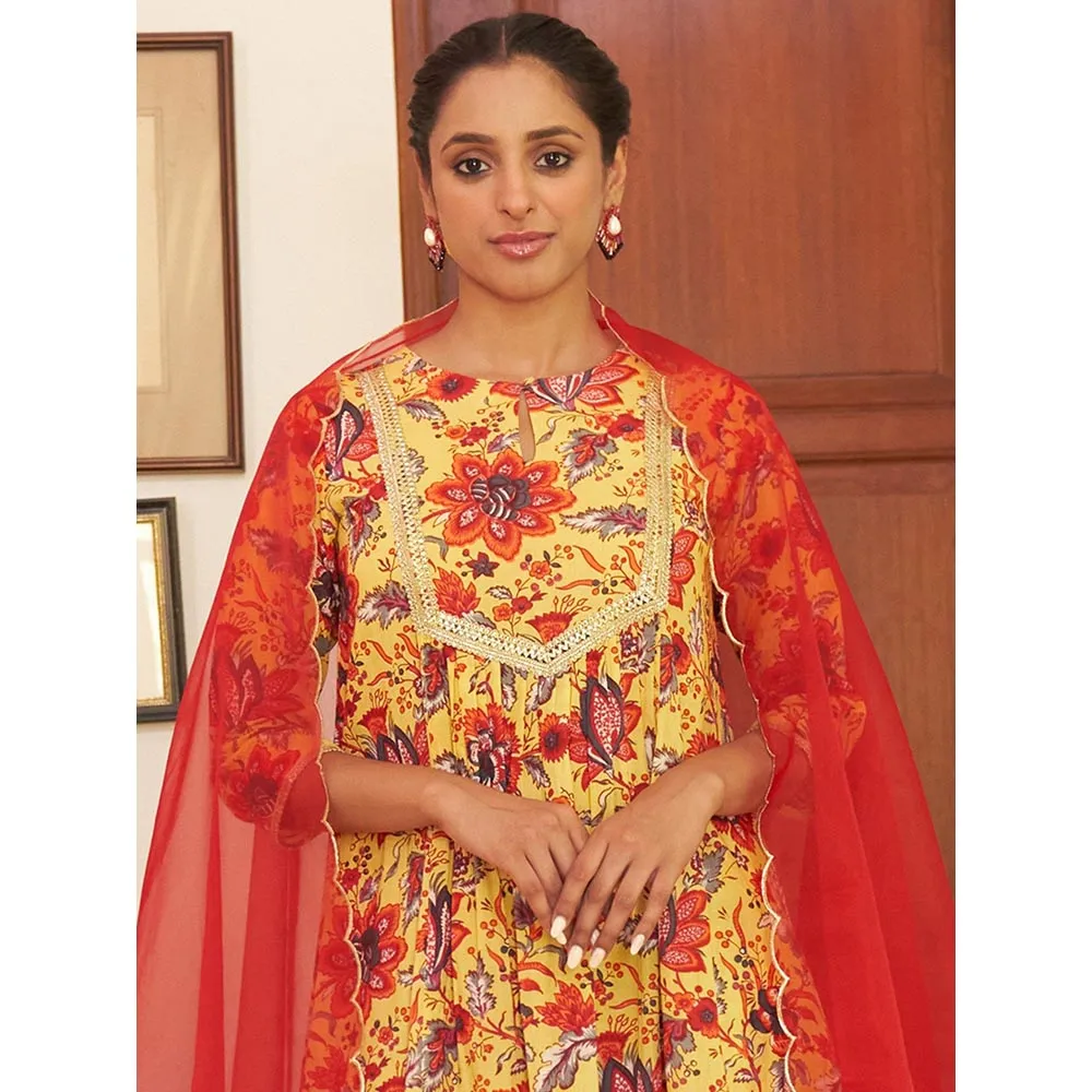 Janasya Womens Yellow Cotton Floral Printed Kurta, Palazzo and Dupatta (Set of 3)