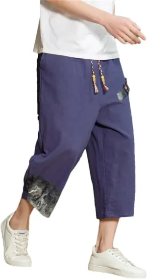 Japanese Cotton Harem Pants Men Linen Cropped Pants Men Casual Elastic Waist Fitness Pants