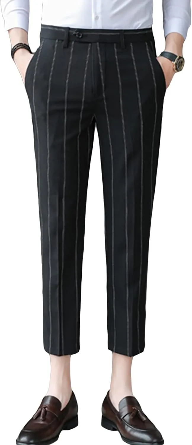 JEShifangjiusu Men's Slim Fit Dress Pants Chinos Plaid Striped Stretch Pant Flat-Front Skinny Business Pencil Long Pants (30,Black), Black, 30