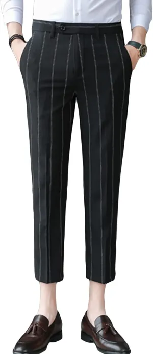 JEShifangjiusu Men's Slim Fit Dress Pants Chinos Plaid Striped Stretch Pant Flat-Front Skinny Business Pencil Long Pants (30,Black), Black, 30