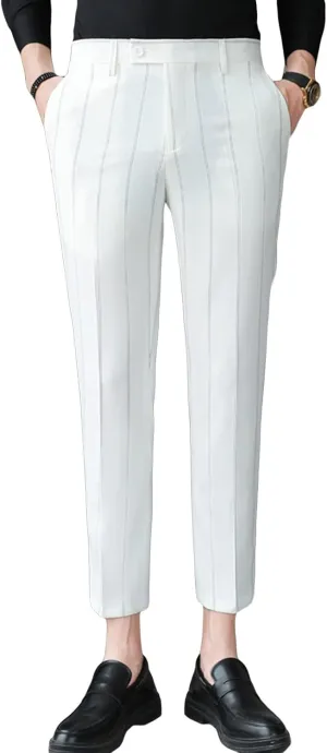 JEShifangjiusu Men's Slim Fit Dress Pants Chinos Plaid Striped Stretch Pant Flat-Front Skinny Business Pencil Long Pants (32,White), White, 32