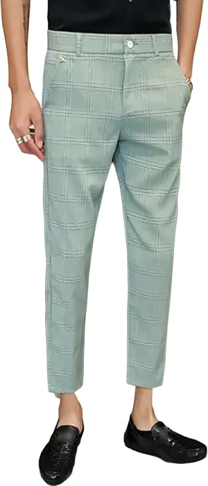 JEShifangjiusu Men's Slim Fit Suit Pants Chino Pants Stretch Flat-Front Dress Pants Plaid Skinny Business Casual Trousers (Large,Green), Green, Large