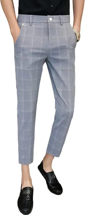 JEShifangjiusu Men's Slim Fit Suit Pants Chino Pants Stretch Flat-Front Dress Pants Plaid Skinny Business Casual Trousers (Medium,Grey), Grey, Medium