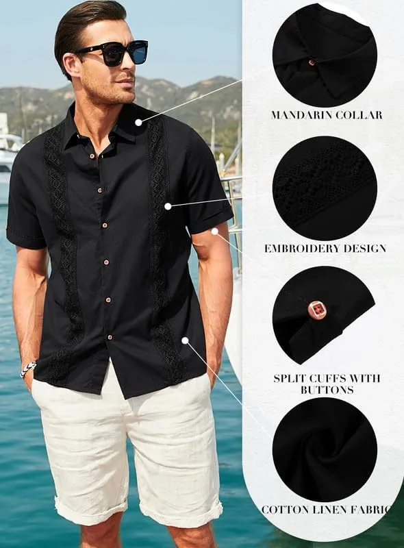 JMIERR Mens Cotton Linen Guayabera Shirts Casual Button Up Short Sleeve Summer Beach Shirt