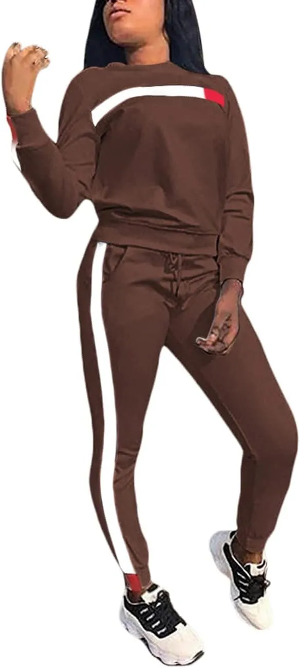 KANSOON Women Stripe Patchwork Two Piece Sweatsuit Round Neck Pullover and Skinny Long Pants Sets