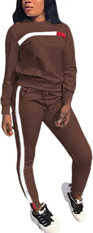 KANSOON Women Stripe Patchwork Two Piece Sweatsuit Round Neck Pullover and Skinny Long Pants Sets