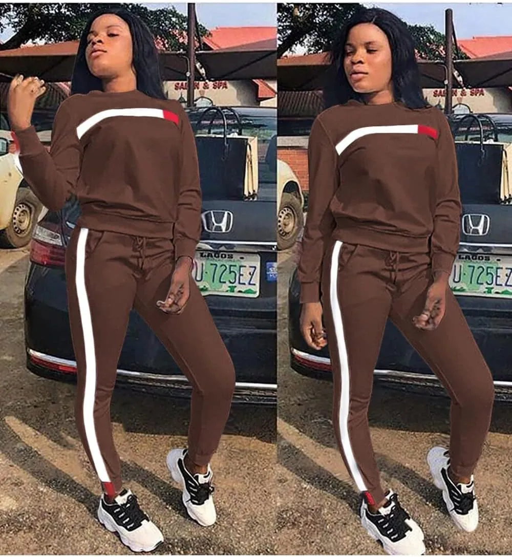 KANSOON Women Stripe Patchwork Two Piece Sweatsuit Round Neck Pullover and Skinny Long Pants Sets