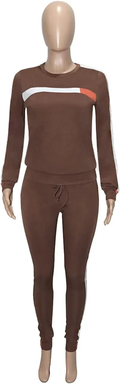KANSOON Women Stripe Patchwork Two Piece Sweatsuit Round Neck Pullover and Skinny Long Pants Sets