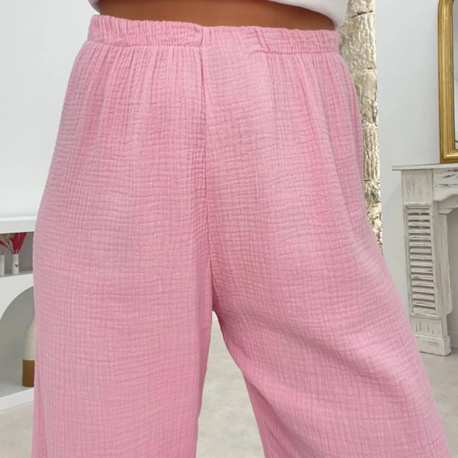 Karwuiio Women Y2k Striped Linen Boxer Pants High Waist Wide Leg Lounge Trousers Fashion Casual Pants Streetwear