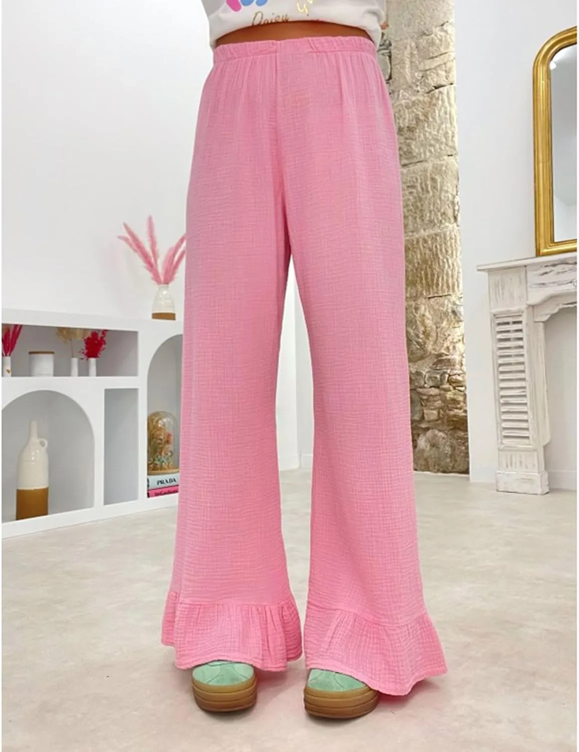 Karwuiio Women Y2k Striped Linen Boxer Pants High Waist Wide Leg Lounge Trousers Fashion Casual Pants Streetwear