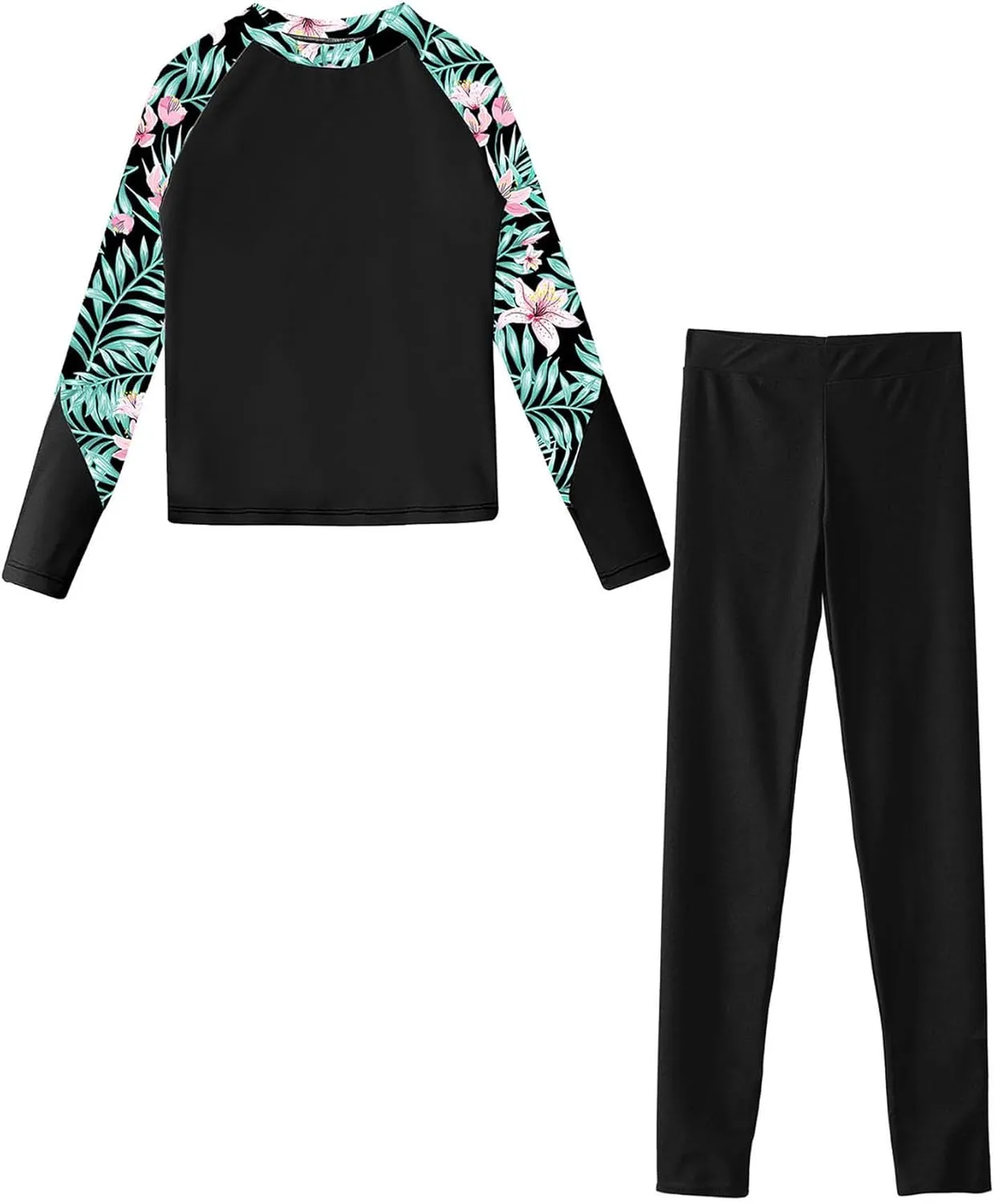 Kids Girls Rash Guard Swimsuit Long Sleeve Swim Tops with Long Pants 2 Piece Bathing Suit