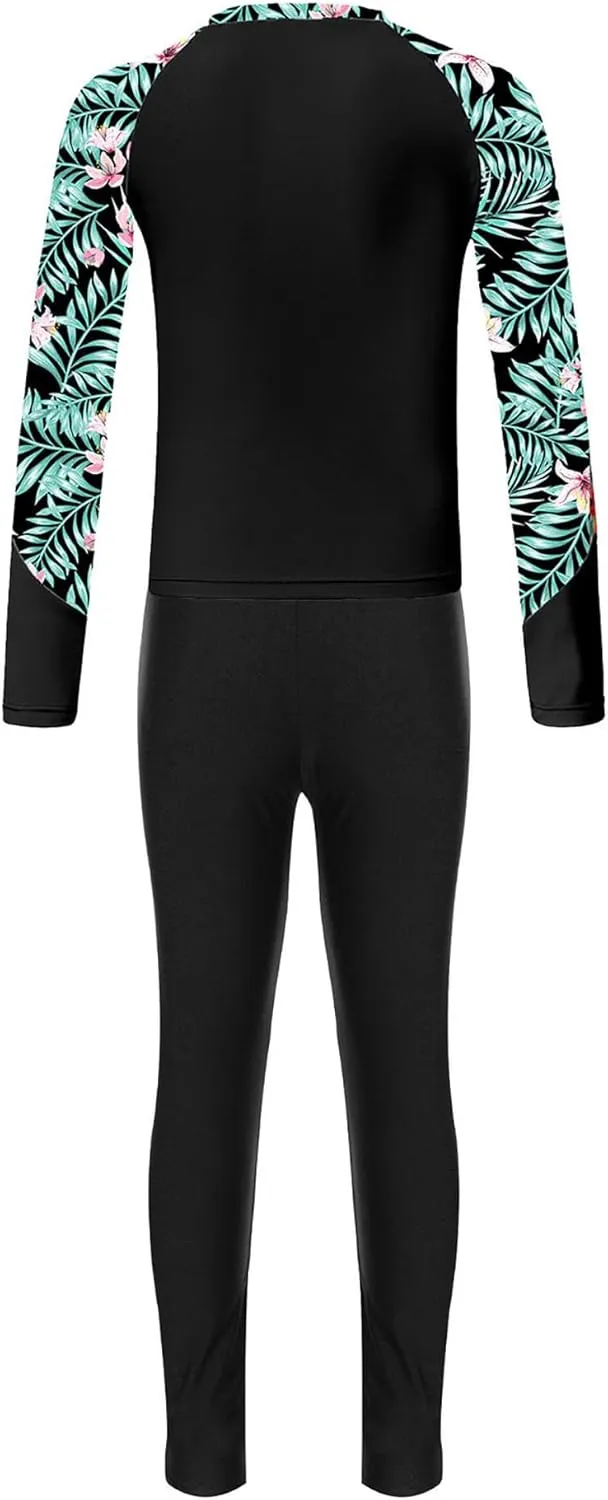 Kids Girls Rash Guard Swimsuit Long Sleeve Swim Tops with Long Pants 2 Piece Bathing Suit