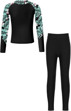 Kids Girls Rash Guard Swimsuit Long Sleeve Swim Tops with Long Pants 2 Piece Bathing Suit