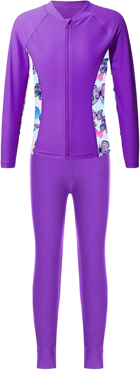 Kids Girls Rash Guard Swimsuit Long Sleeve Swim Tops with Long Pants 2 Piece Bathing Suit