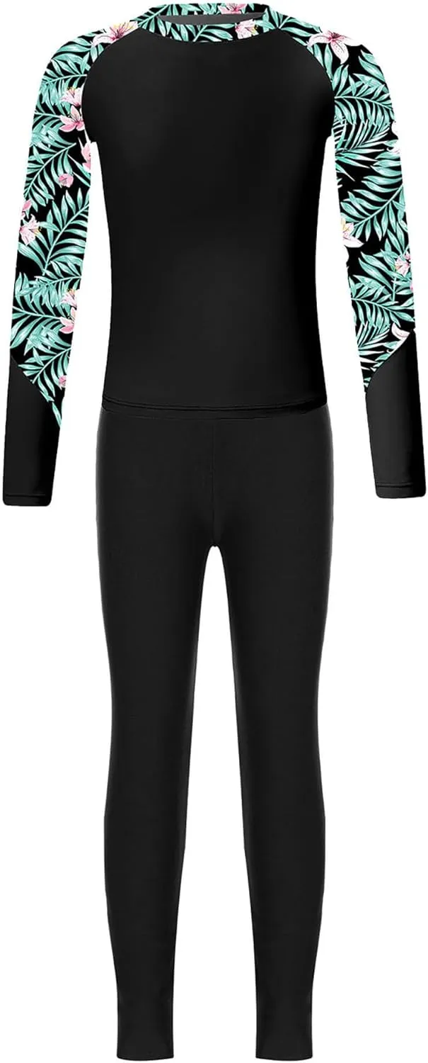 Kids Girls Rash Guard Swimsuit Long Sleeve Swim Tops with Long Pants 2 Piece Bathing Suit