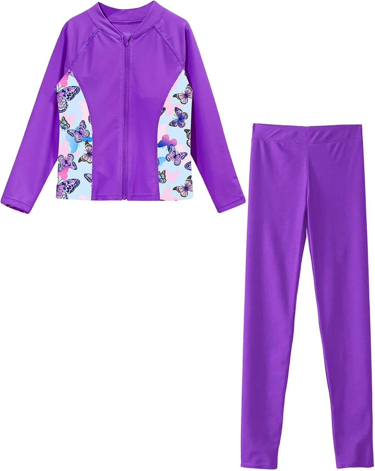 Kids Girls Rash Guard Swimsuit Long Sleeve Swim Tops with Long Pants 2 Piece Bathing Suit