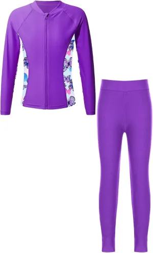 Kids Girls Rash Guard Swimsuit Long Sleeve Swim Tops with Long Pants 2 Piece Bathing Suit