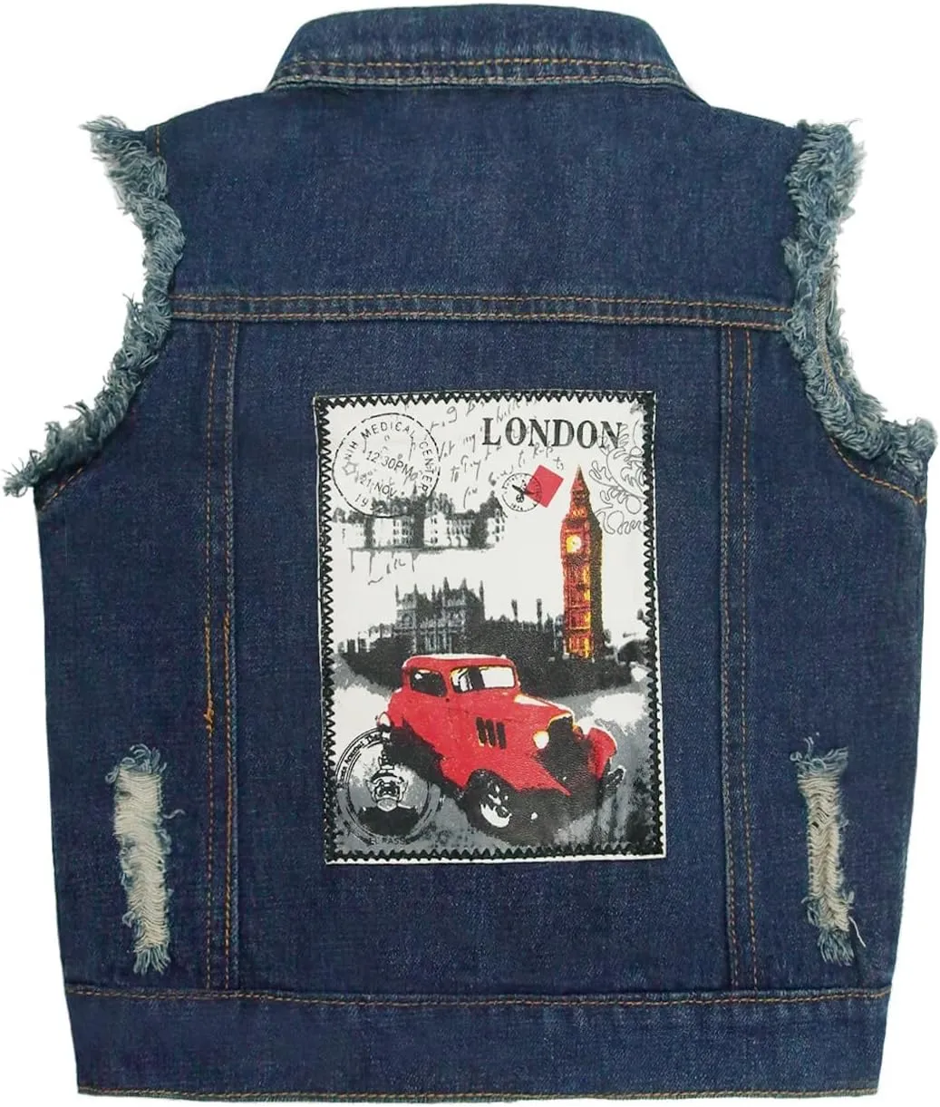 KIDSCOOL SPACE Girl Denim Vest, Round Collared Lace Sleeveless Jeans Tops