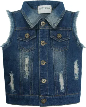KIDSCOOL SPACE Girl Denim Vest, Round Collared Lace Sleeveless Jeans Tops