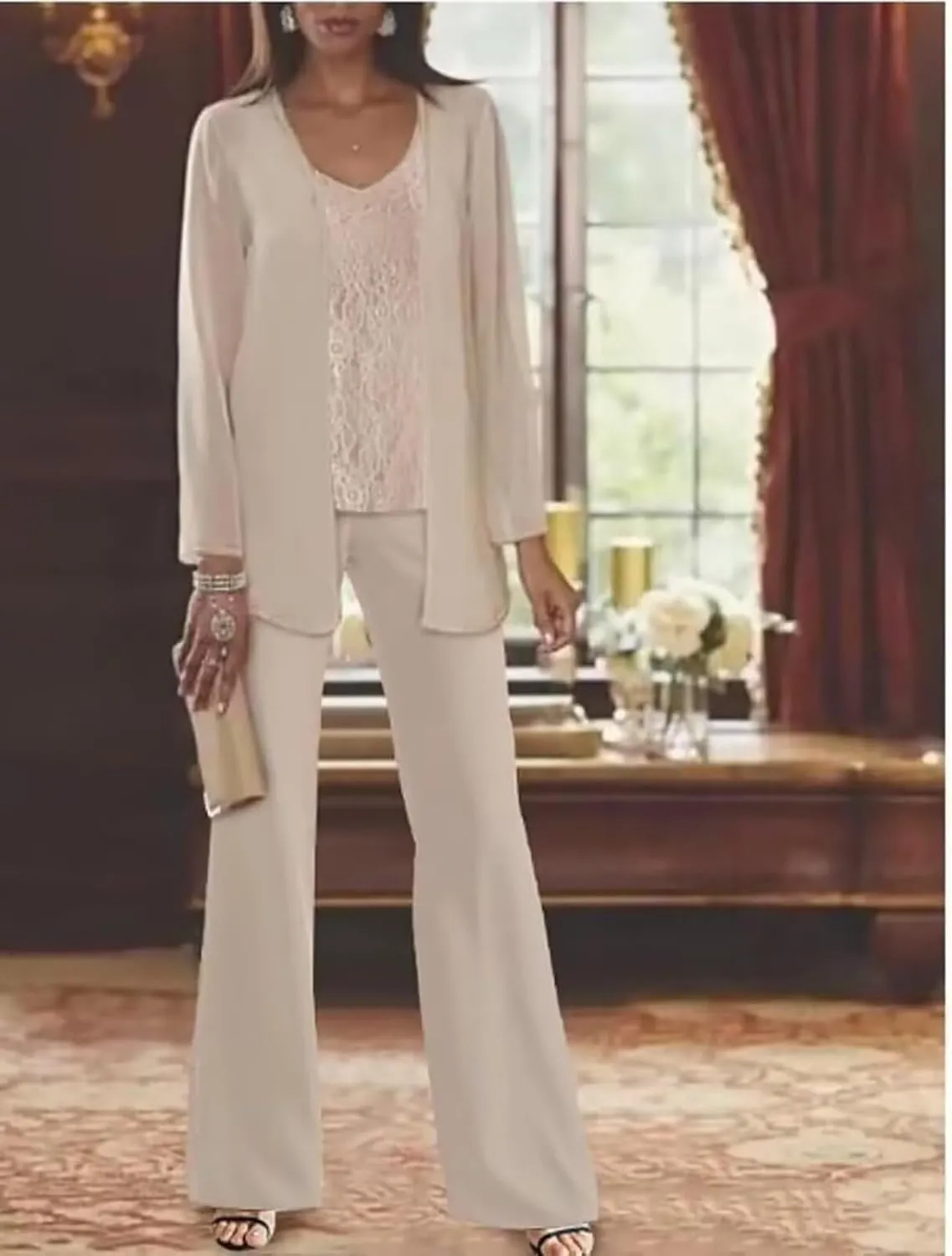 Lace Applique Dressy Pant Suits for Women Long Sleeve Pantsuits for Wedding Guest 3 Pieces Chiffon Outfits