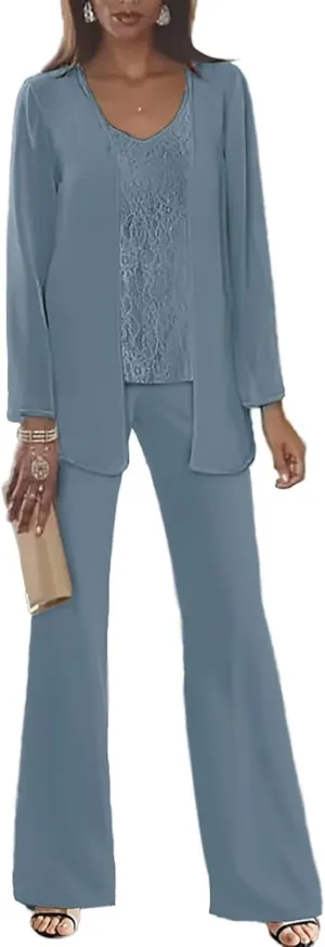 Lace Applique Dressy Pant Suits for Women Long Sleeve Pantsuits for Wedding Guest 3 Pieces Chiffon Outfits