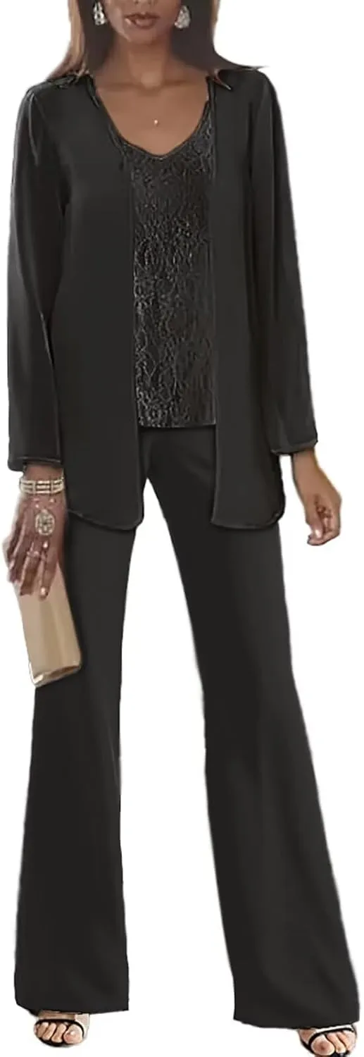 Lace Applique Dressy Pant Suits for Women Long Sleeve Pantsuits for Wedding Guest 3 Pieces Chiffon Outfits