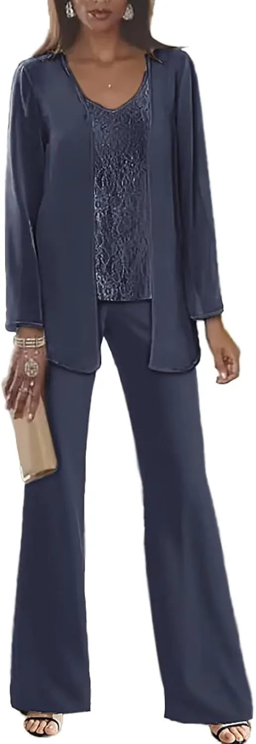 Lace Applique Dressy Pant Suits for Women Long Sleeve Pantsuits for Wedding Guest 3 Pieces Chiffon Outfits