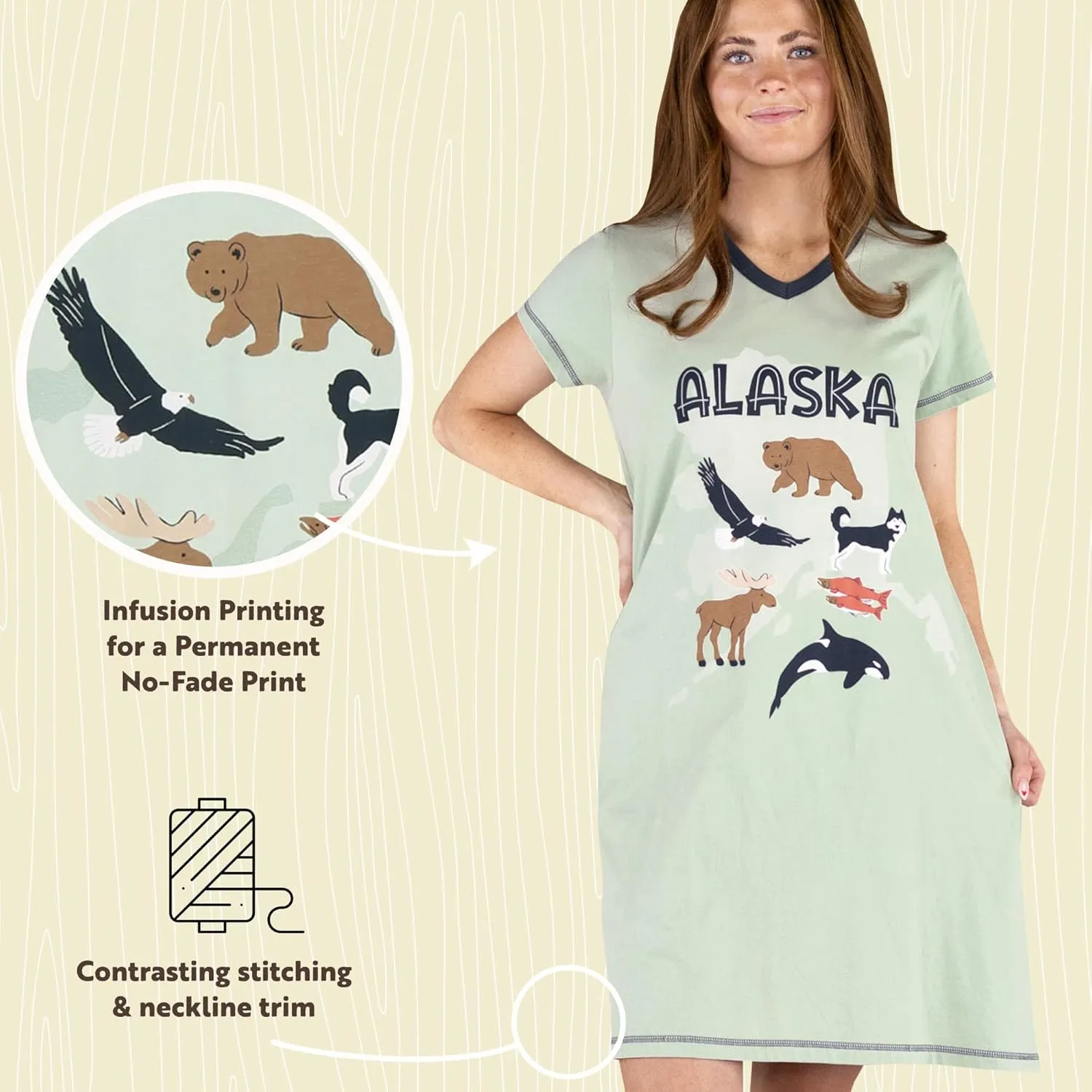 Lazy One Women's Nightgown, Funny V-Neck Sleep Shirt for Women, Bear & Moose Pajama Shirts